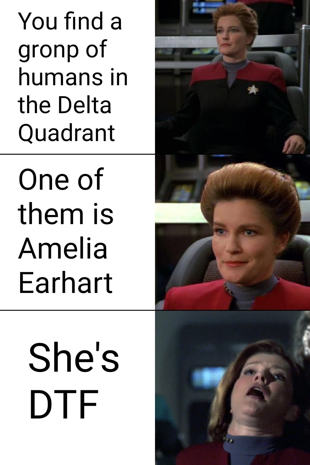 The meme is a screenshot from the TV show Star Trek: The Next Generation, featuring Captain Jean-Luc Picard's exasperated reaction to a bizarre statement made by a guest character. The text overlayed on the image reads: "You find a group of humans in the Delta Quadrant. One of them is... Amelia Earhart!" The meme is a humorous take on the absurdity of the situation, poking fun at the idea of a famous historical figure being discovered in a distant part of the universe.